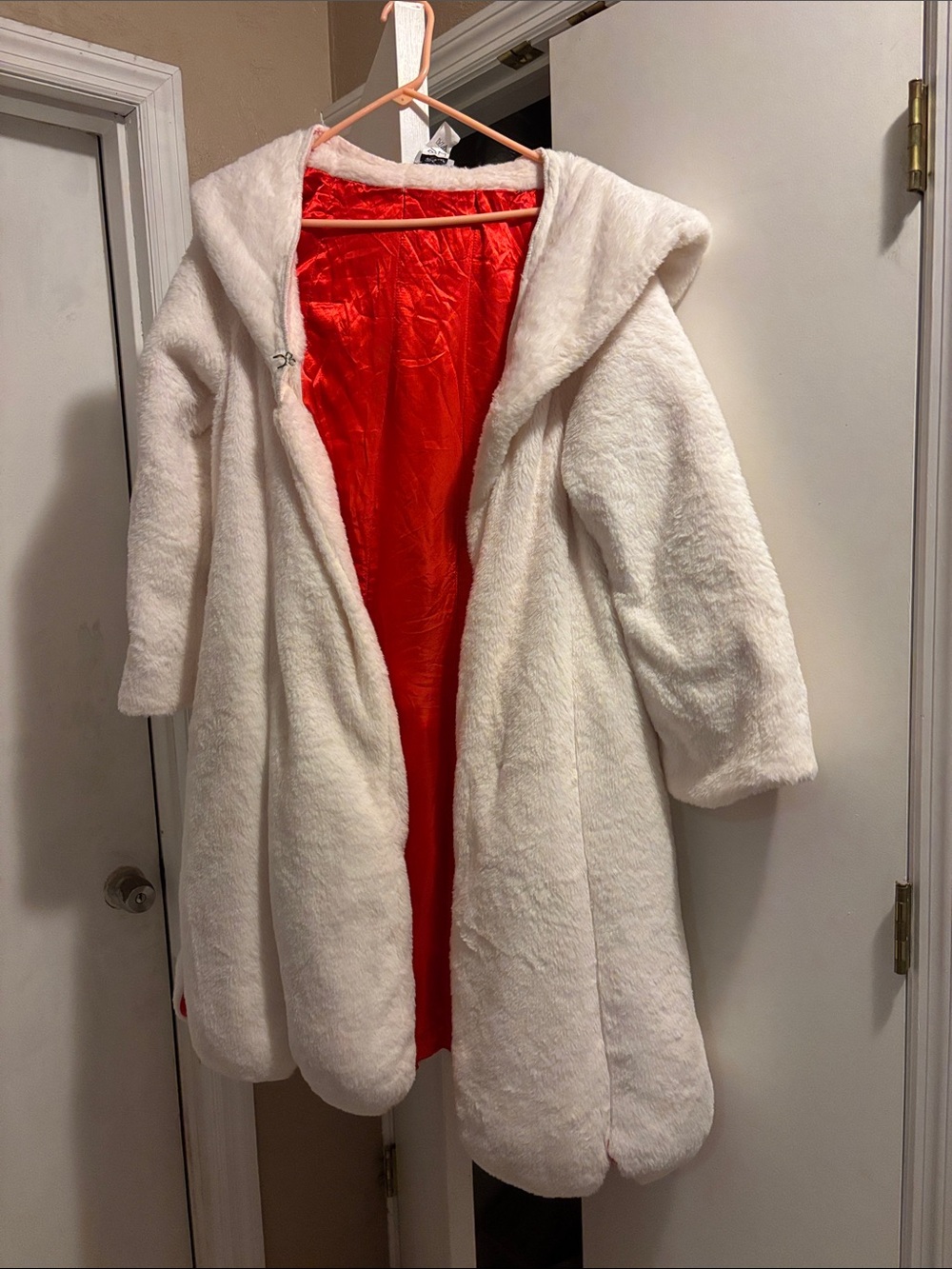 Disney White Faux Fur Teddy Coat with Red Satin Lining